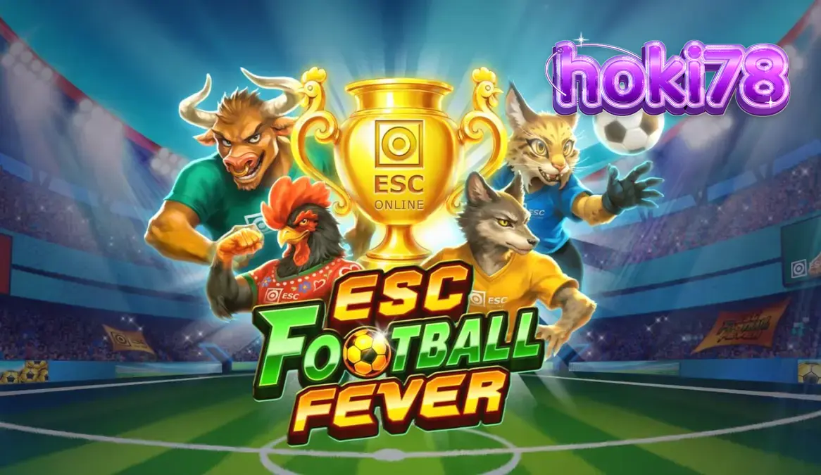 Tampilan visual slot ESC Football Fever dengan latar belakang stadion sepak bola yang megah.